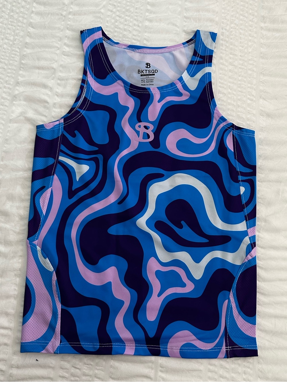 BKTSQD Tidal Compression Tank in Blue & Pink Swirl - Youth Small